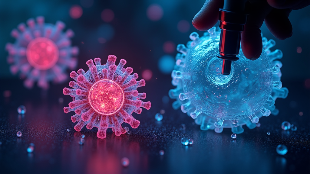 Illustration of healthy cells and cancer cells dividing under a microscope, with distinct colors showing the difference between normal and abnormal growth.